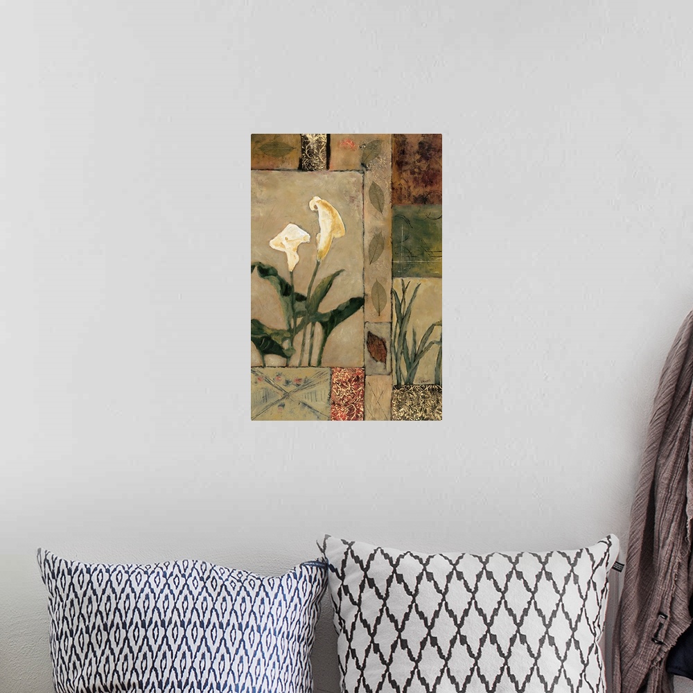A bohemian room featuring Contemporary painting of calla lily blooms with leaves over a geometric style background.