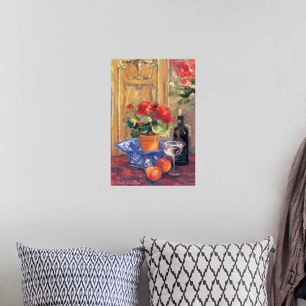 A bohemian room featuring Fine art oil painting still life of red roses, flowers, fruit and wine on a table by Allayn Stevens.