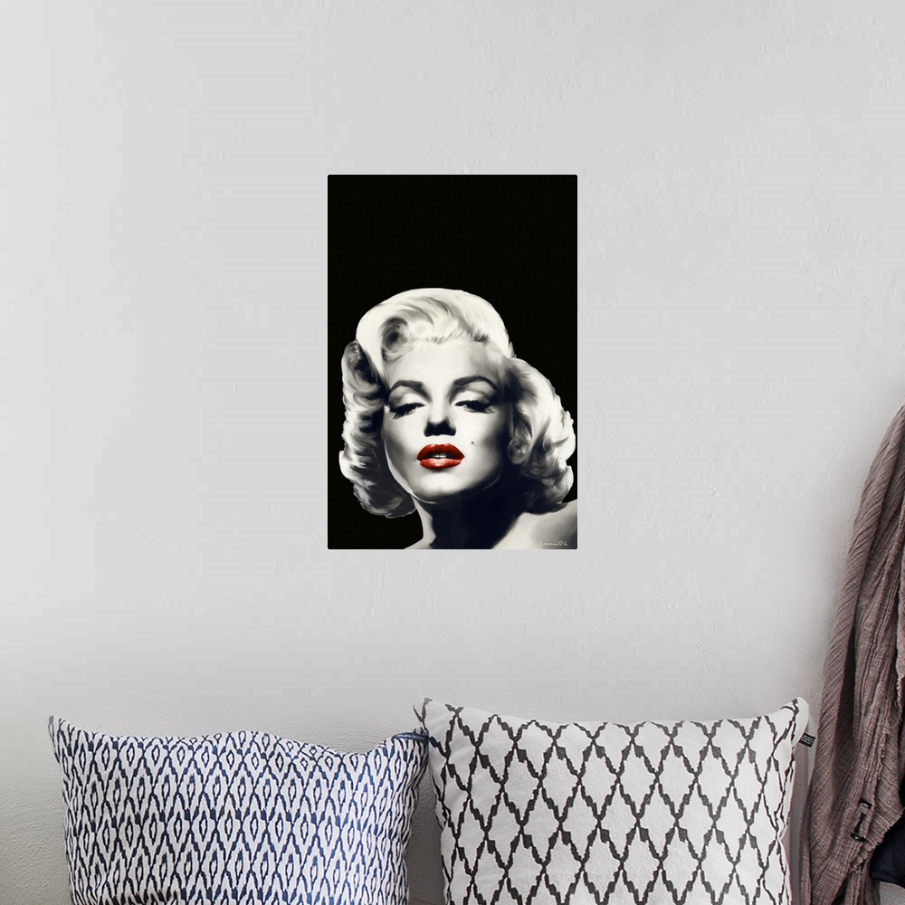 A bohemian room featuring Black and white digital art painting of Marilyn Monroe with red lips.