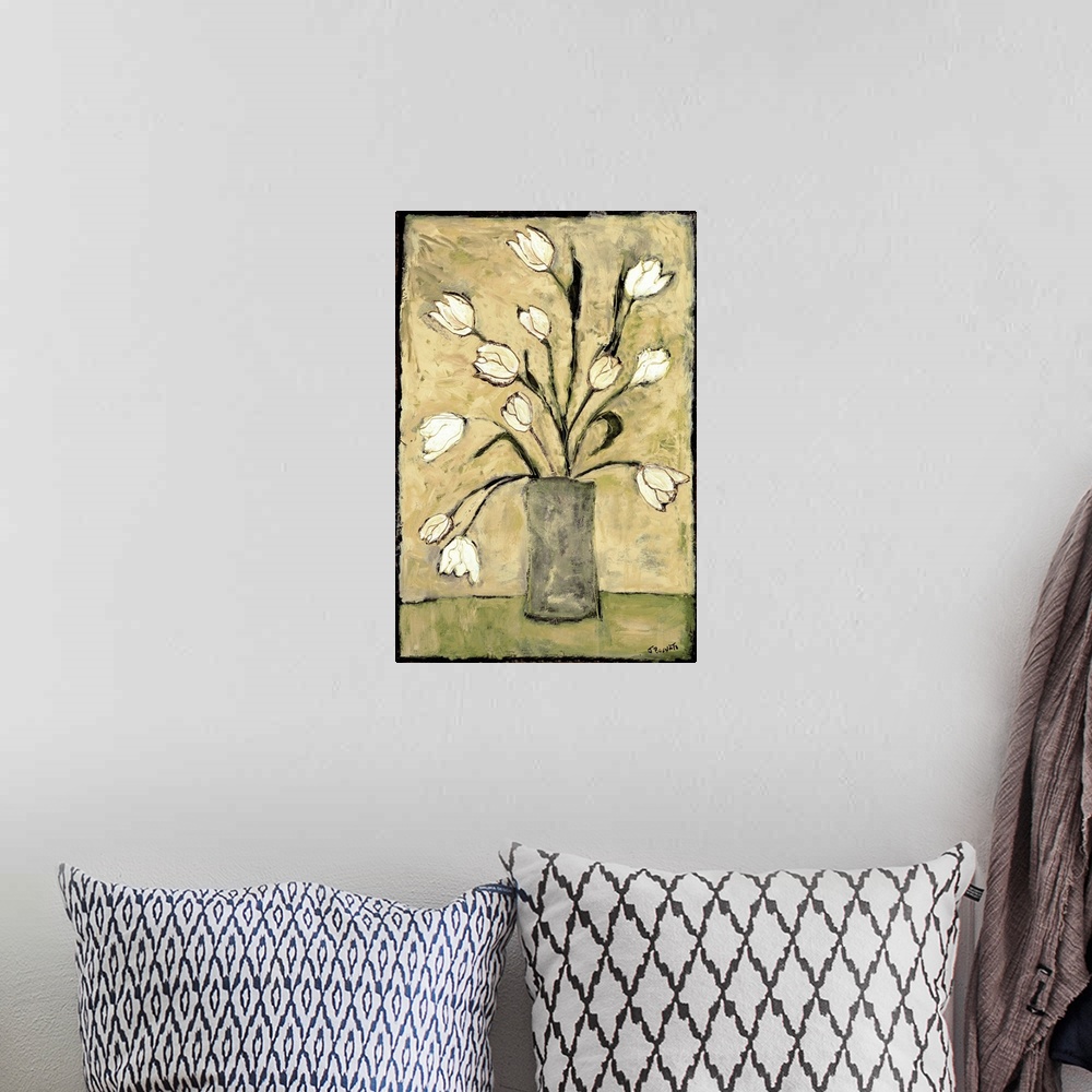 A bohemian room featuring Contemporary painting of a bouquet of white tulips over a light background.