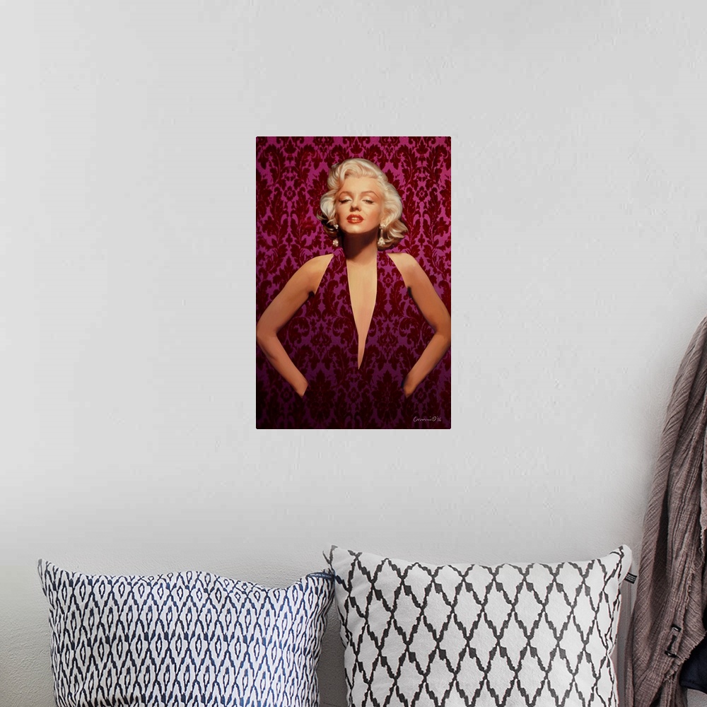 A bohemian room featuring Portrait of Marilyn Monroe wearing a pink and red patterned dress that blends in with the wall be...