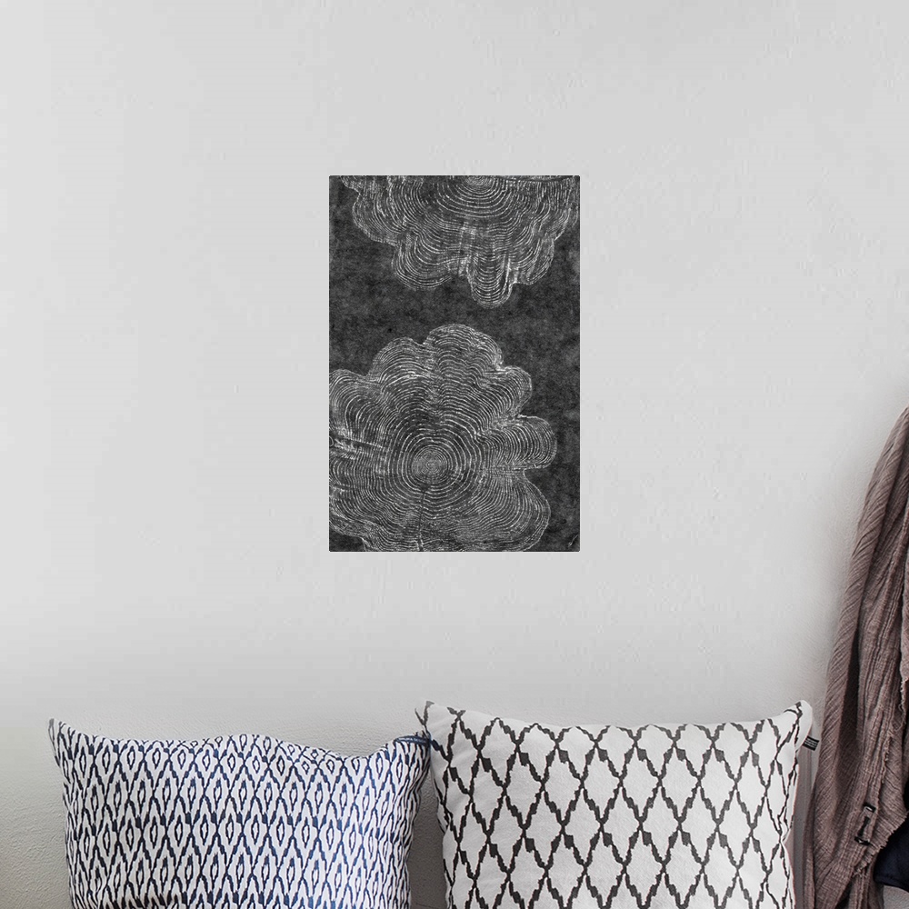 A bohemian room featuring A charcoal rubbing of ancient tree rings.
