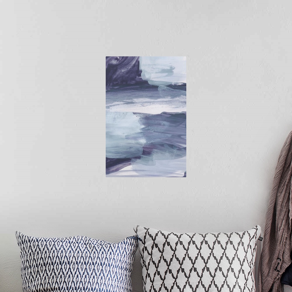 A bohemian room featuring Energetic brush strokes of white and purple create an abstract storm in this contemporary artwork.