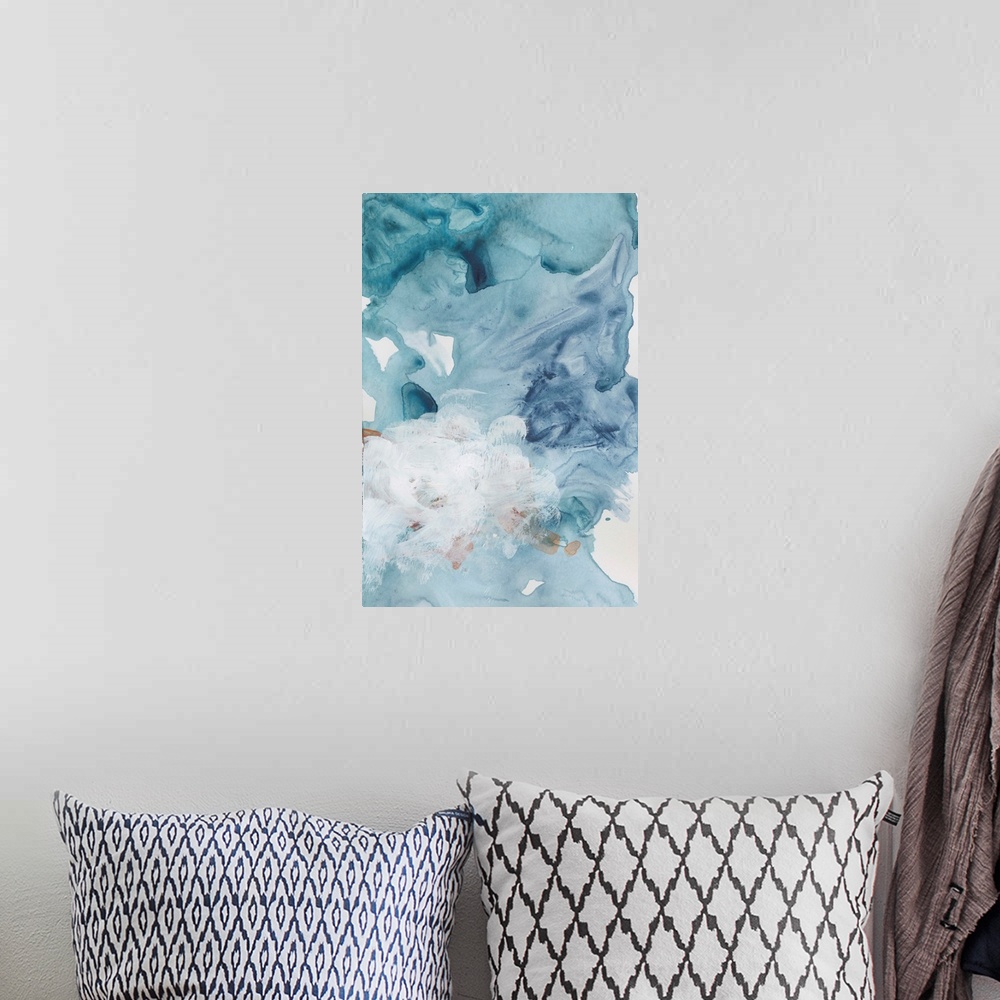 A bohemian room featuring Contemporary artwork featuring watercolor droplets and brush strokes to create a cloudscape in sh...