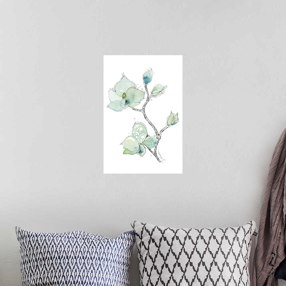 A bohemian room featuring Watercolor and Ink hand painted illustration of an orchid.
