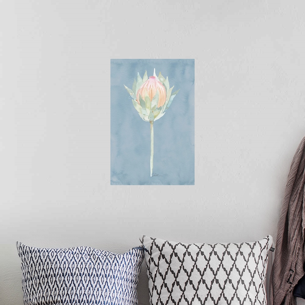 A bohemian room featuring Hand Painted watercolor painting of a King Protea flower with watercolor background