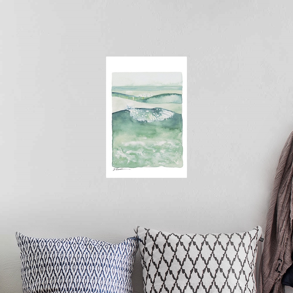 A bohemian room featuring Contemporary watercolor painting of ocean waves in shades of green.