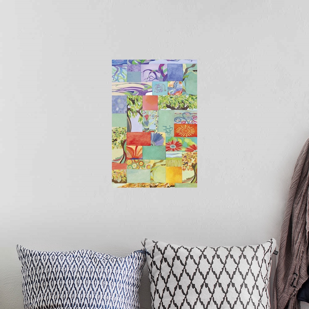 A bohemian room featuring Collage of watercolor artwork in different colors reflecting the changes of the seasons.