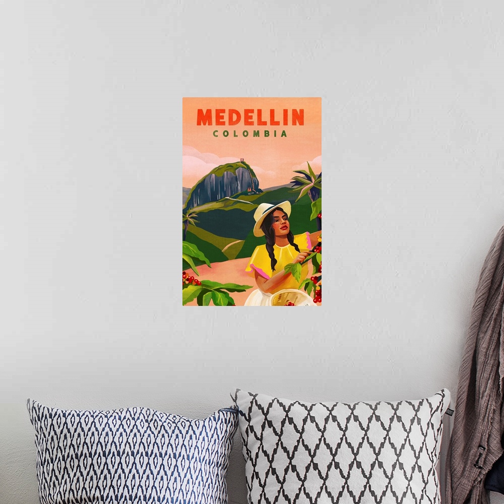 A bohemian room featuring Travel Poster Medellin