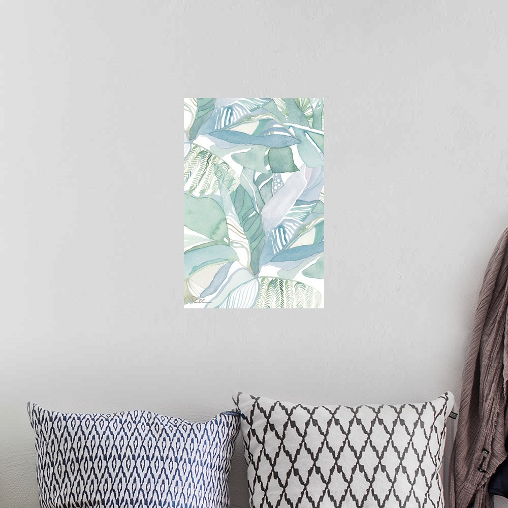 A bohemian room featuring Modern Abstract Tropical Foliage hand painted in Watercolors