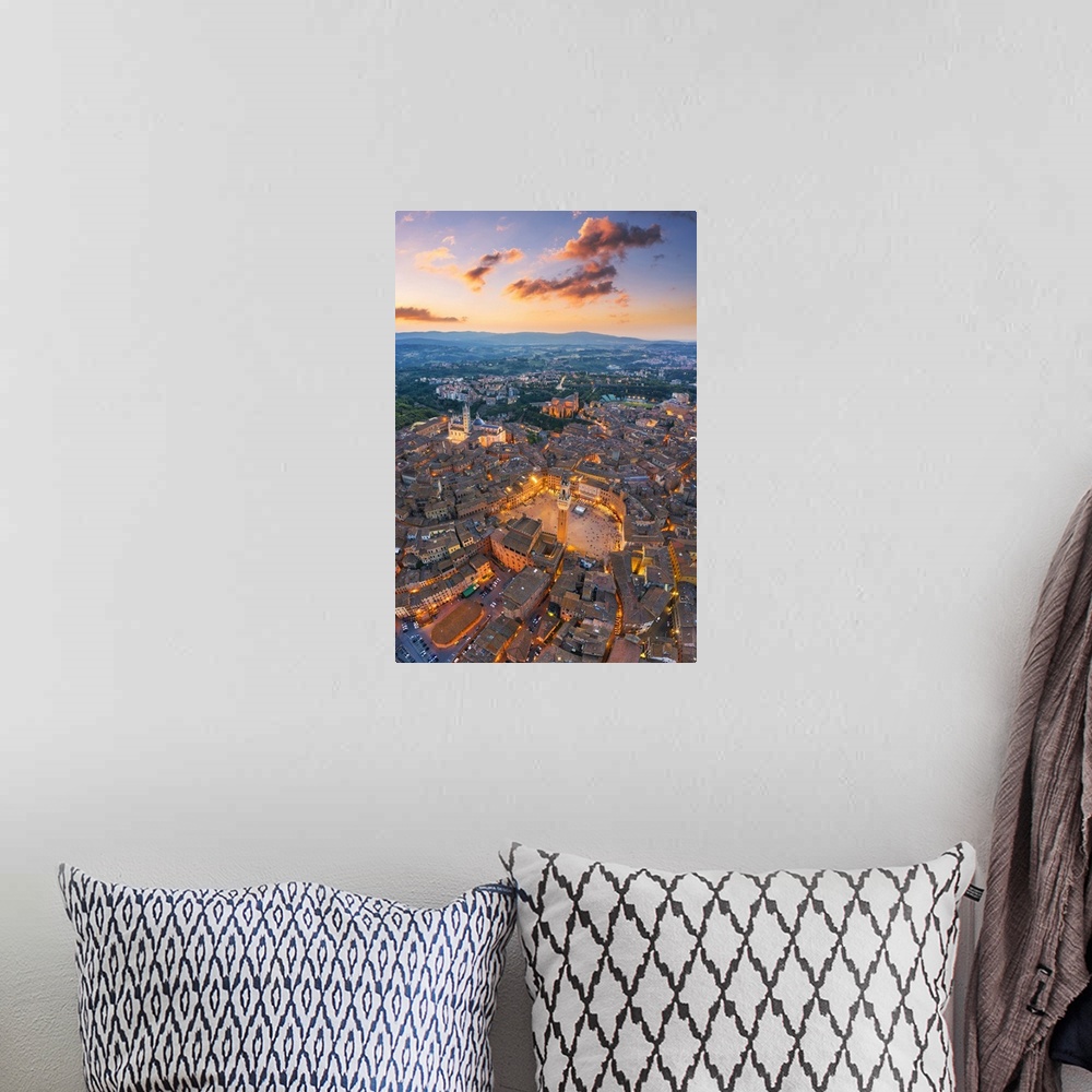 A bohemian room featuring Aerial view of Piazza Del Campo and Siena old town. Siena, Tuscany, Italy, Europe