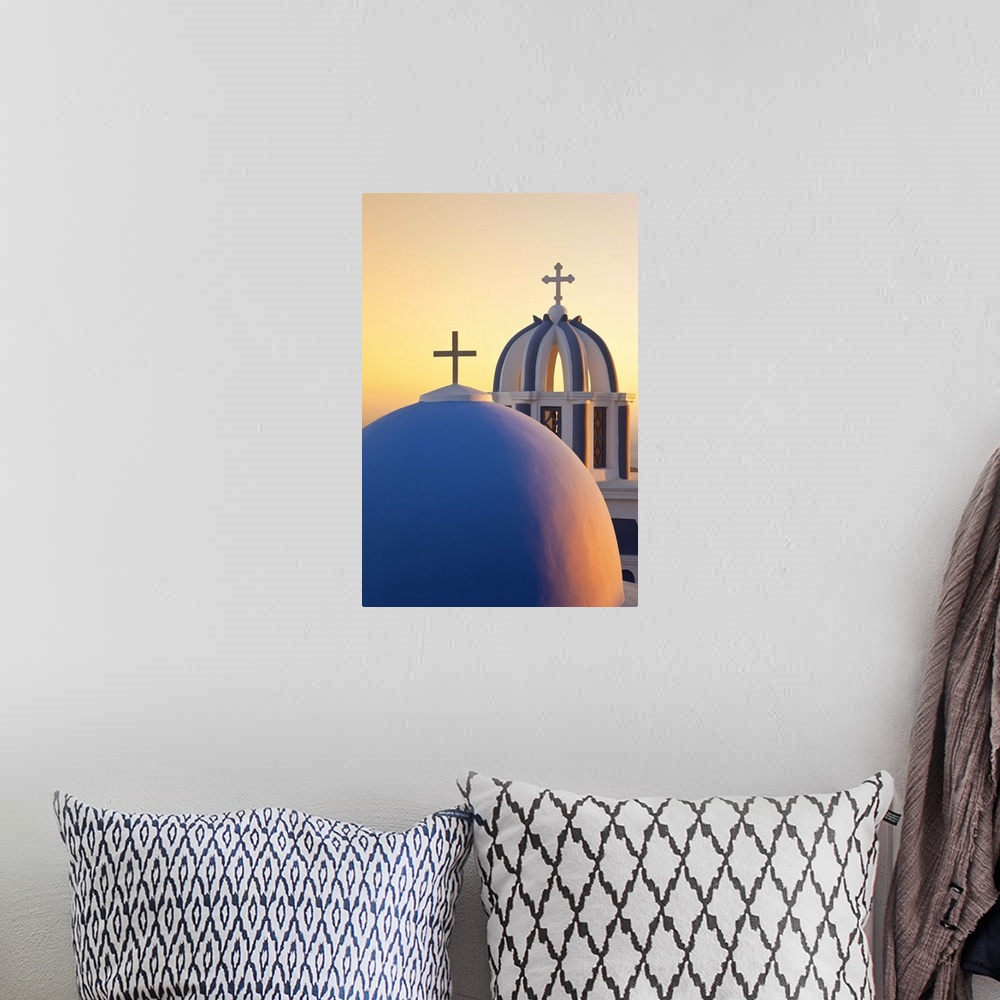 A bohemian room featuring Bell Towers of Orthodox Church overlooking the Caldera in Fira, Santorini (Thira), Cyclades Islan...