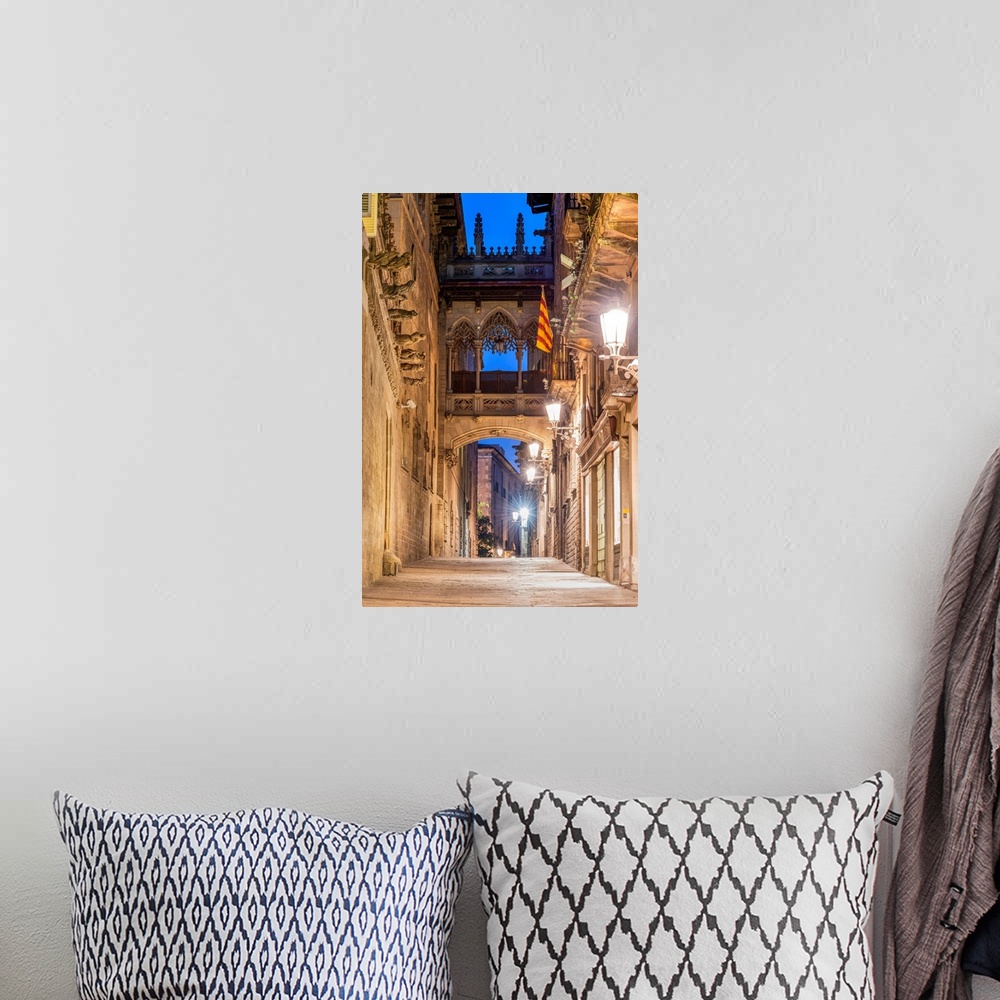 A bohemian room featuring Carrer del Bisbe street, Gothic Quarter, Barcelona, Catalonia, Spain.