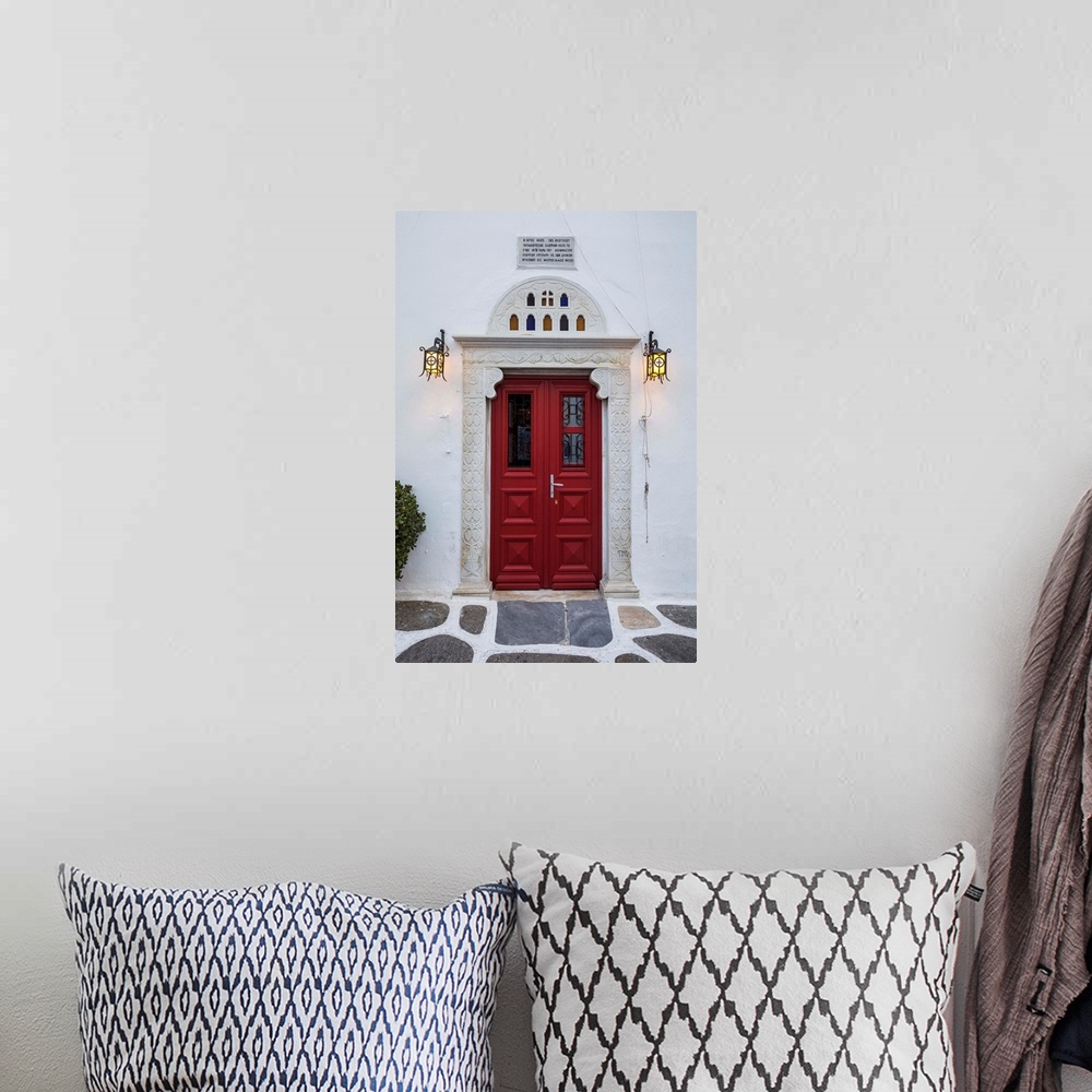 A bohemian room featuring Door of chapel, Mykonos Town, Mykonos, Cyclade Islands, Greece.