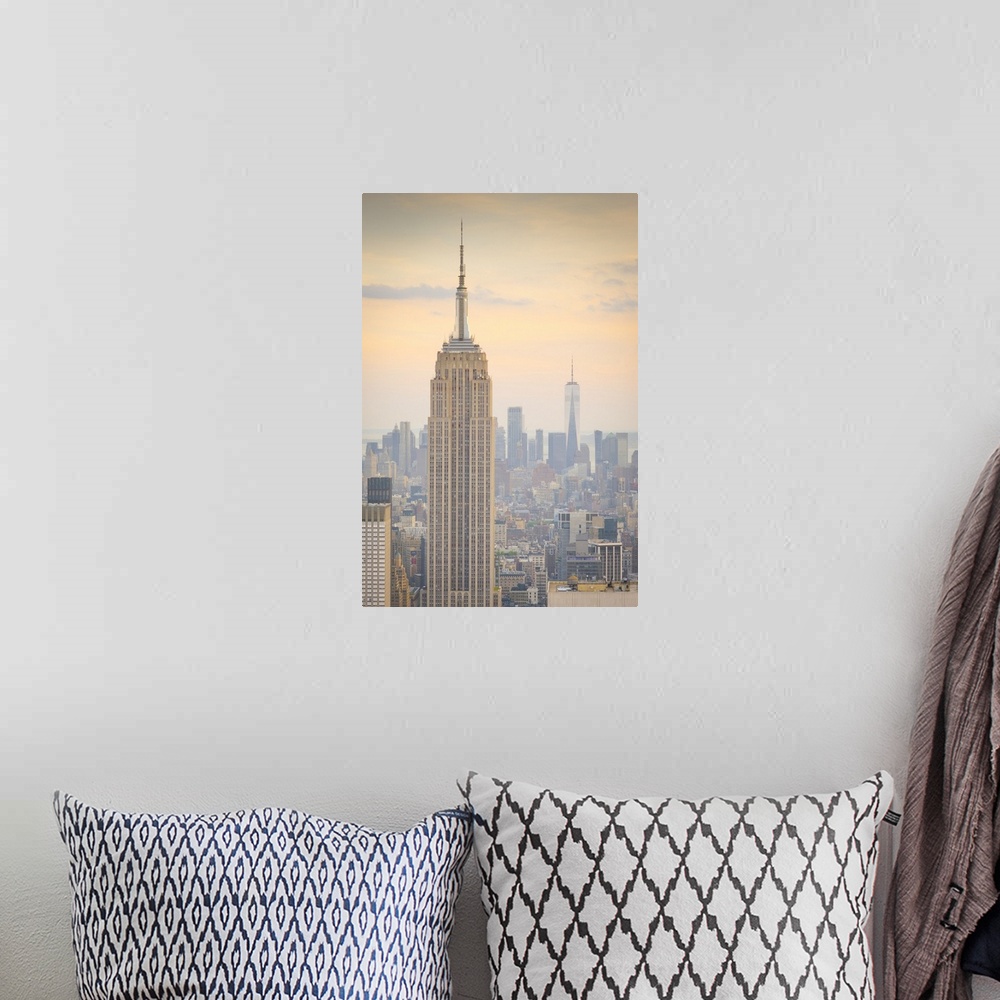 A bohemian room featuring Empire State Building & One World Trade Center, Manhattan, New York City, USA