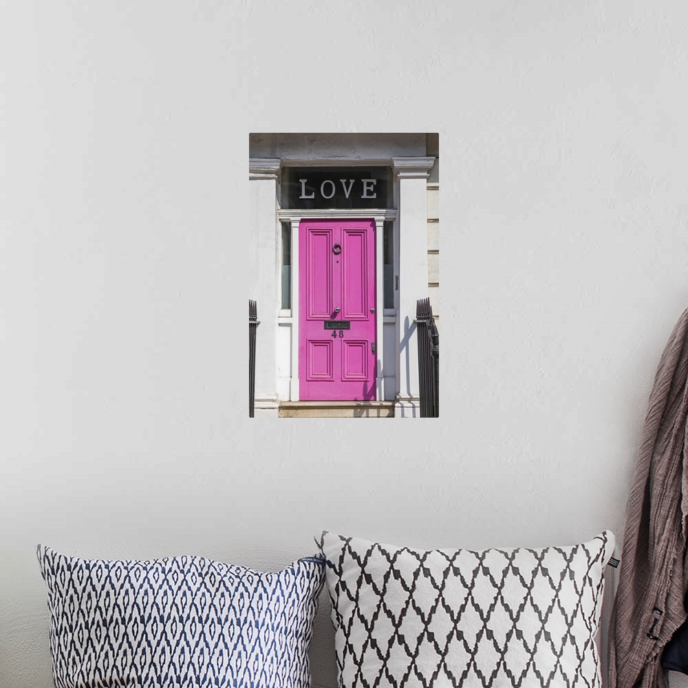 A bohemian room featuring England, London, Westminster, Kensington and Chelsea, Pink Door with Love Sign