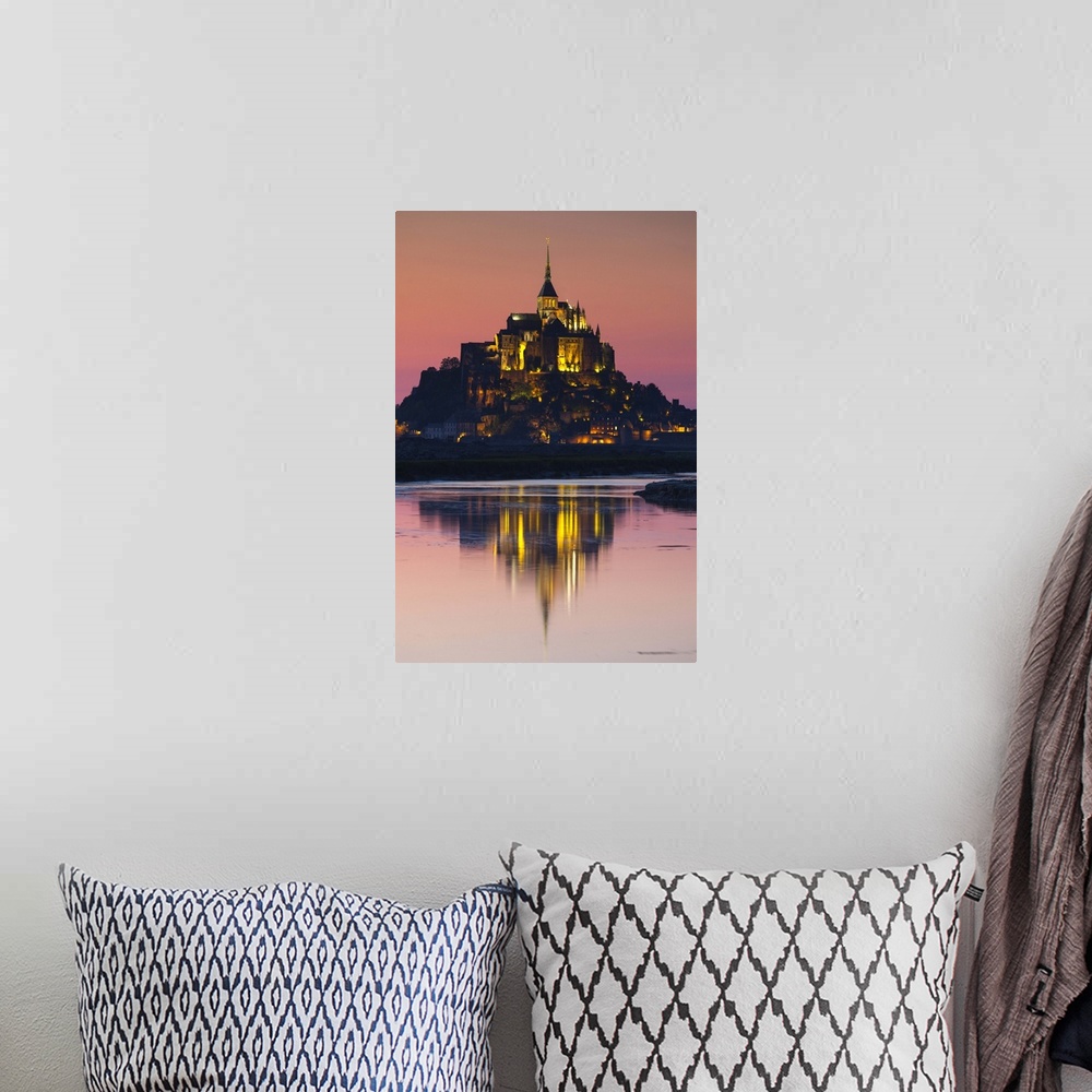 A bohemian room featuring France, Normandy Region, Manche Department, Mont St-Michel, dusk