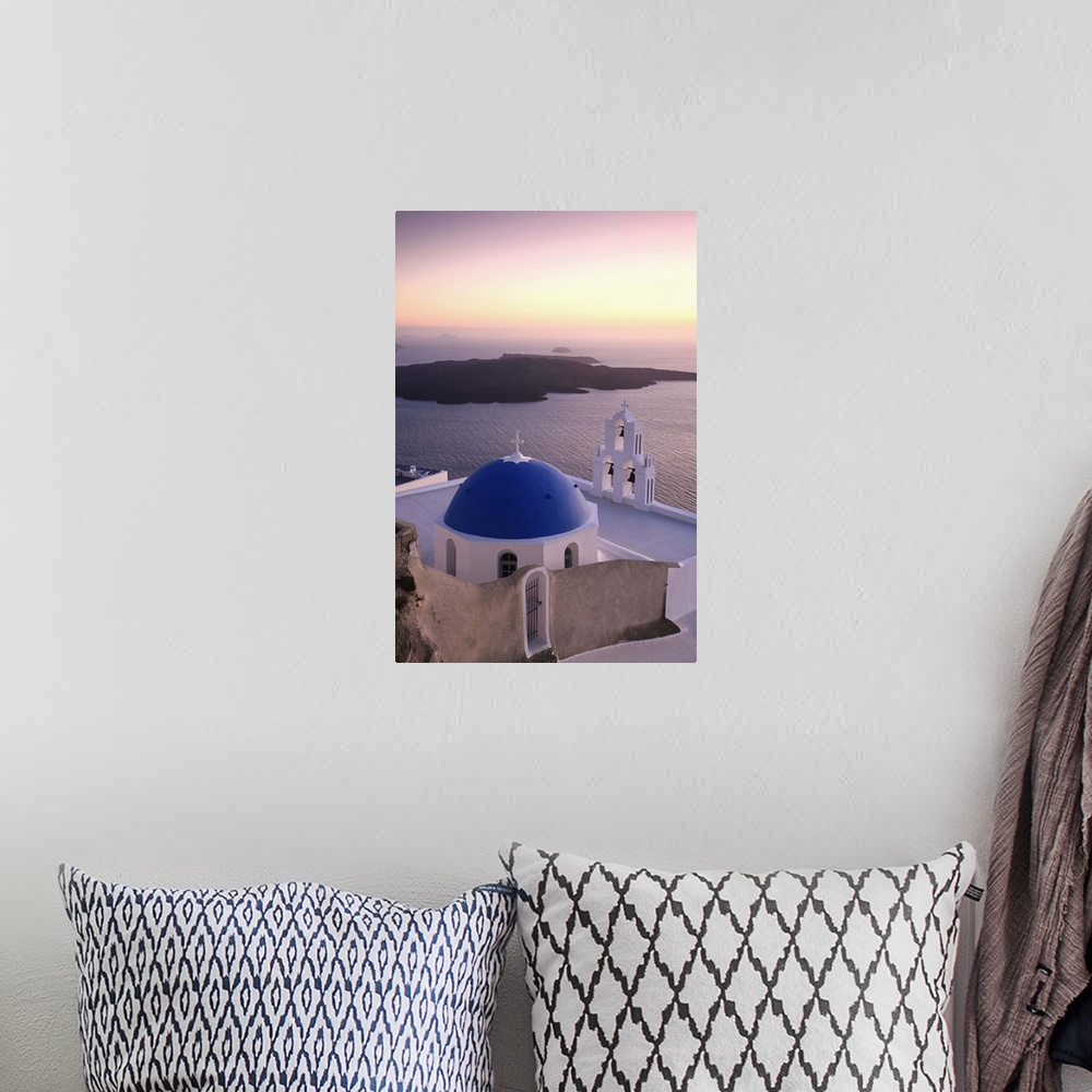 A bohemian room featuring Greece, Cyclades, Santorini, Firostefani, Church and view of Santorini Caldera