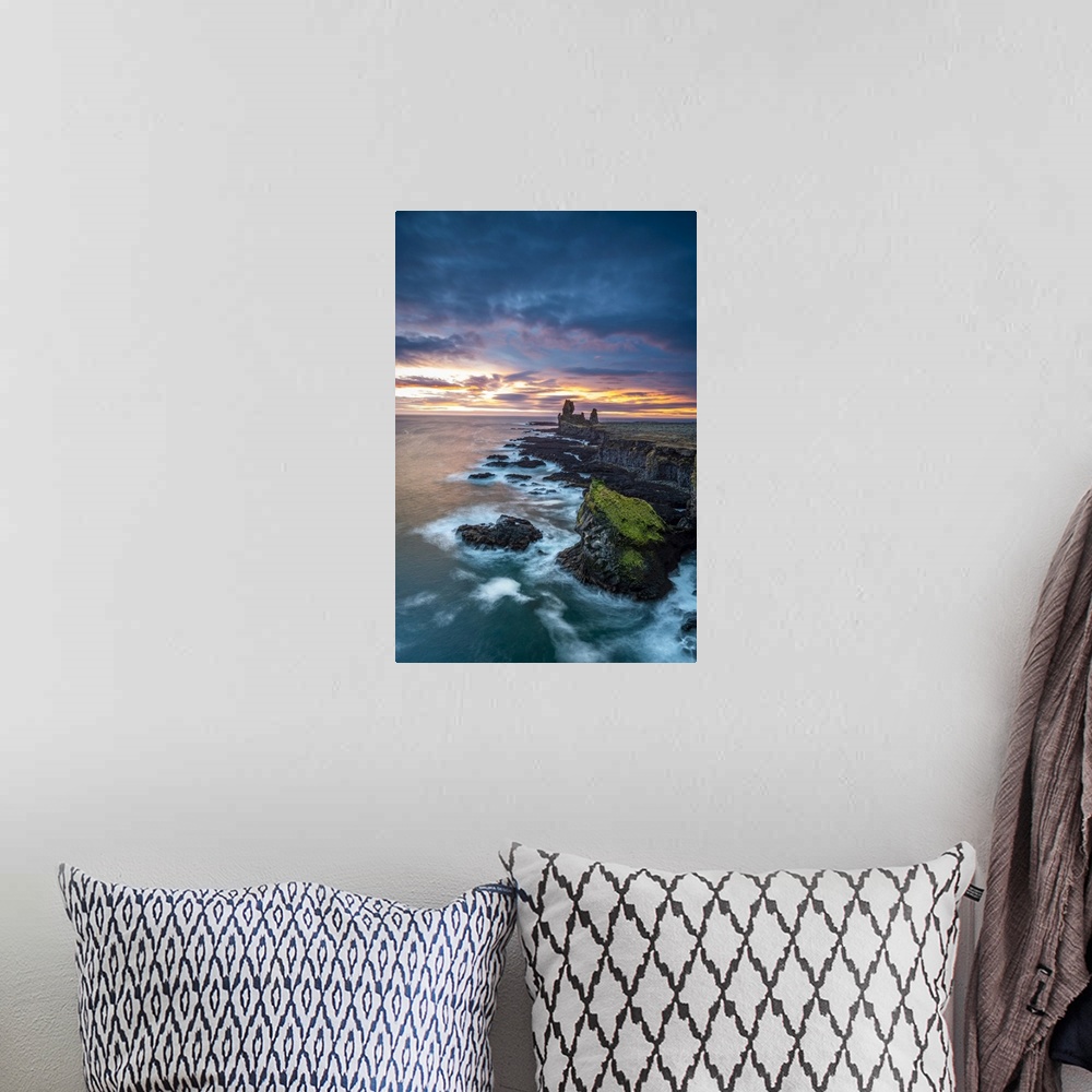 A bohemian room featuring High angle view of Londrangar cliffs during sunset, Snaefellsjokull National Park, Snaefellsness ...