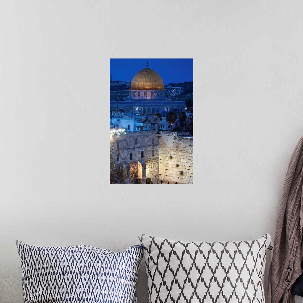 A bohemian room featuring Israel, Jerusalem, Old City, Jewish Quarter, elevated view of the Western Wall Plaza, late evening