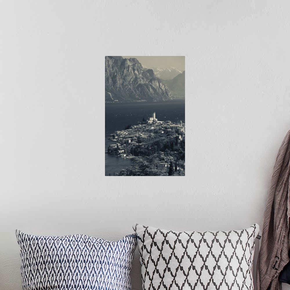 A bohemian room featuring Italy, Veneto, Lake District, Lake Garda, Malcesine, aerial town view