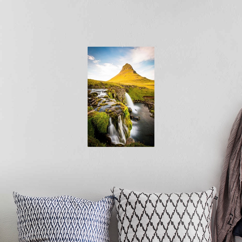 A bohemian room featuring Kirkjufell Mountain, Snaefellsnes peninsula, Iceland. Landscape with waterfalls, long exposure on...