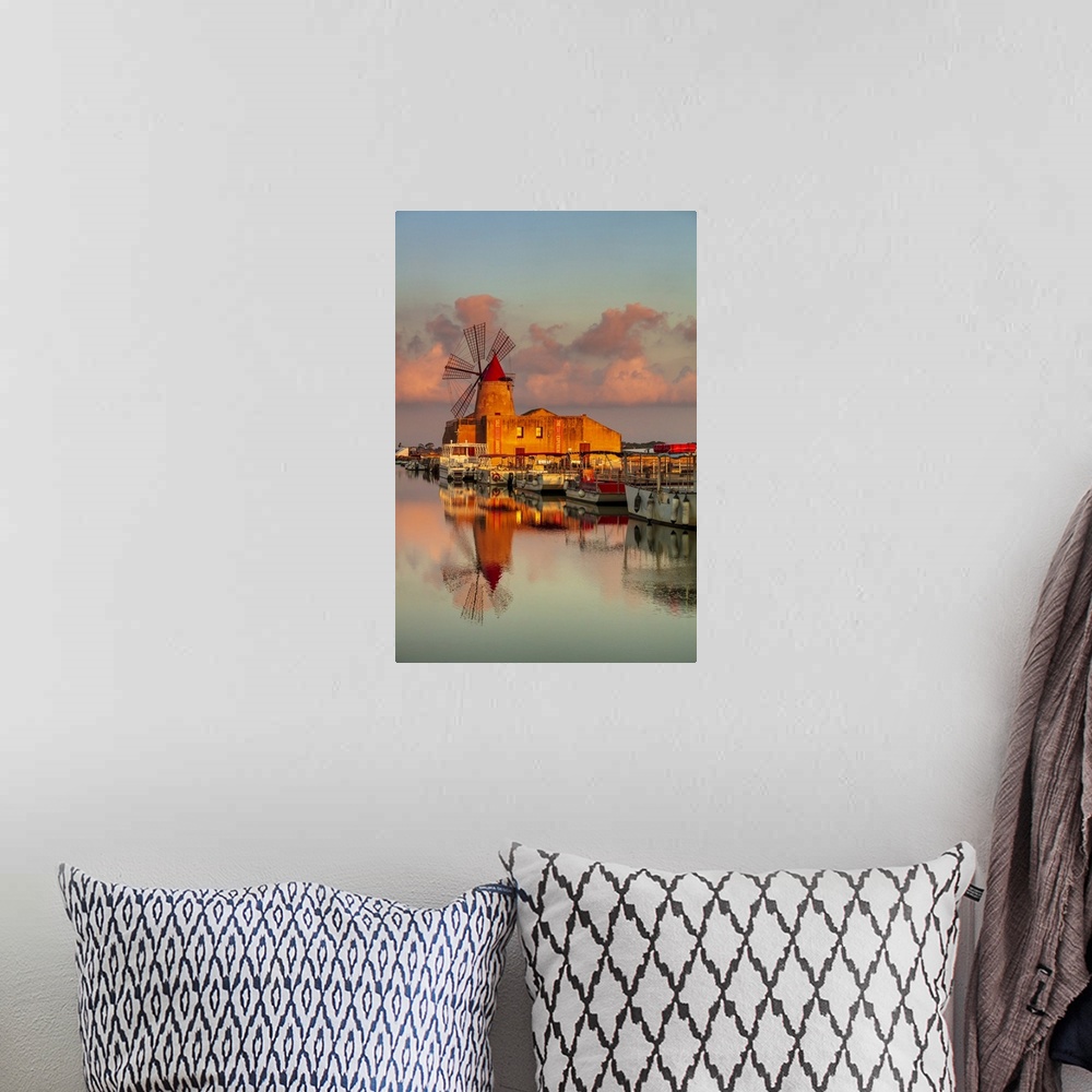 A bohemian room featuring Marsala, Sicily. Windmills reflecting at sunrise in the saltern be,\tween Marsala and Trapani.