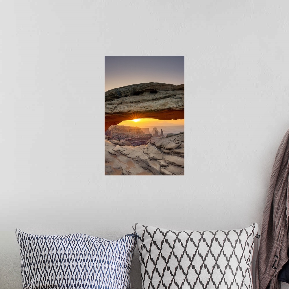 A bohemian room featuring Mesa Arch Rock Formation In The Canyonlands National Park At Sunrise, Utah
