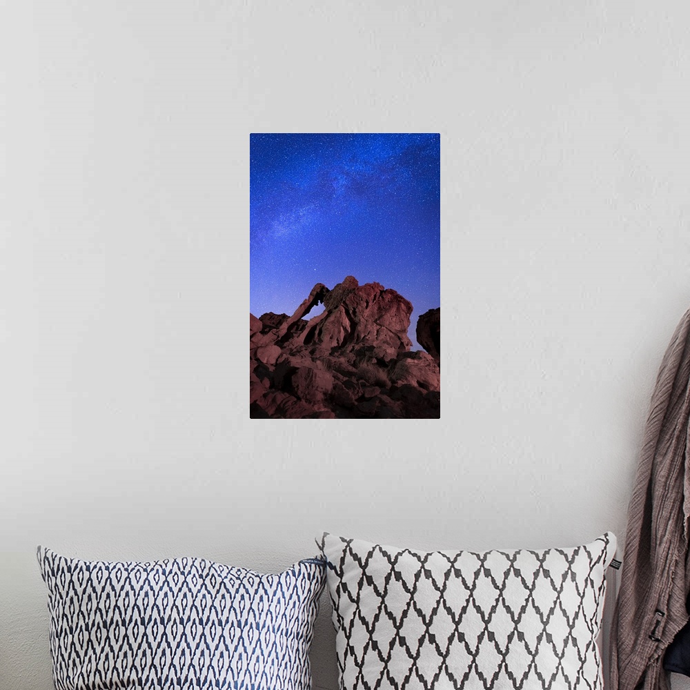 A bohemian room featuring Milky way above Elephant rock formation, Valley of Fire State Park, Nevada, Western United States...