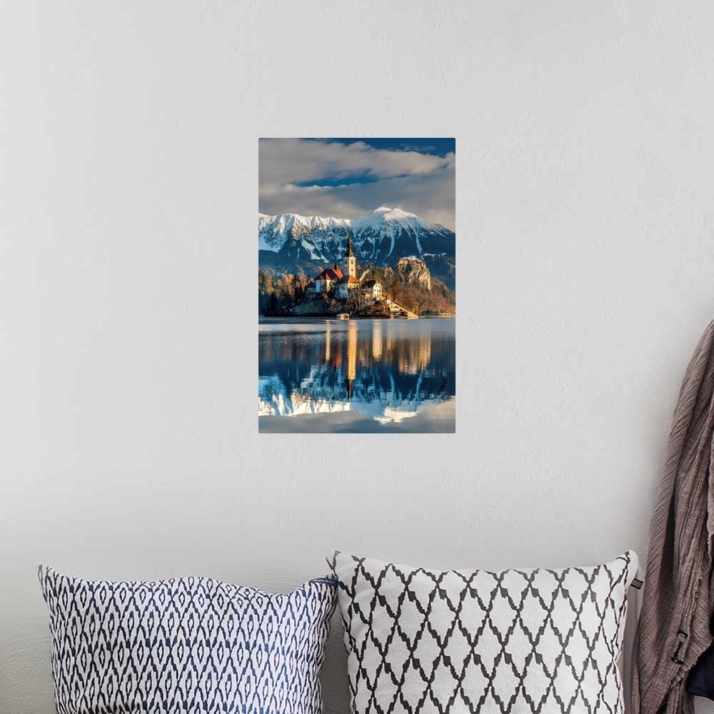 A bohemian room featuring Morning Sunlight Over Church Of The Assumption Of Mary, Lake Bled, Upper Carniola, Slovenia