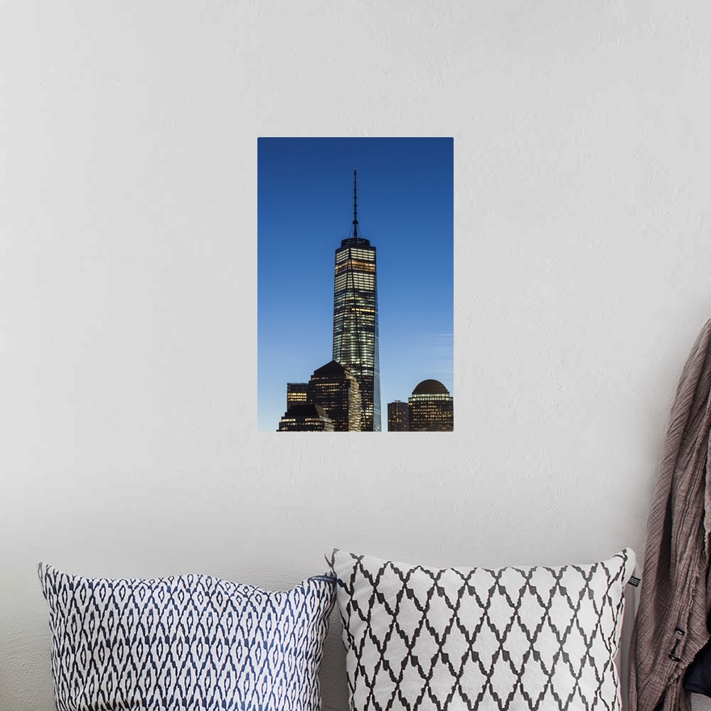 A bohemian room featuring USA, New York, New York City,  Lower Manhattan skyline with Freedom Tower from Jersey City, dawn