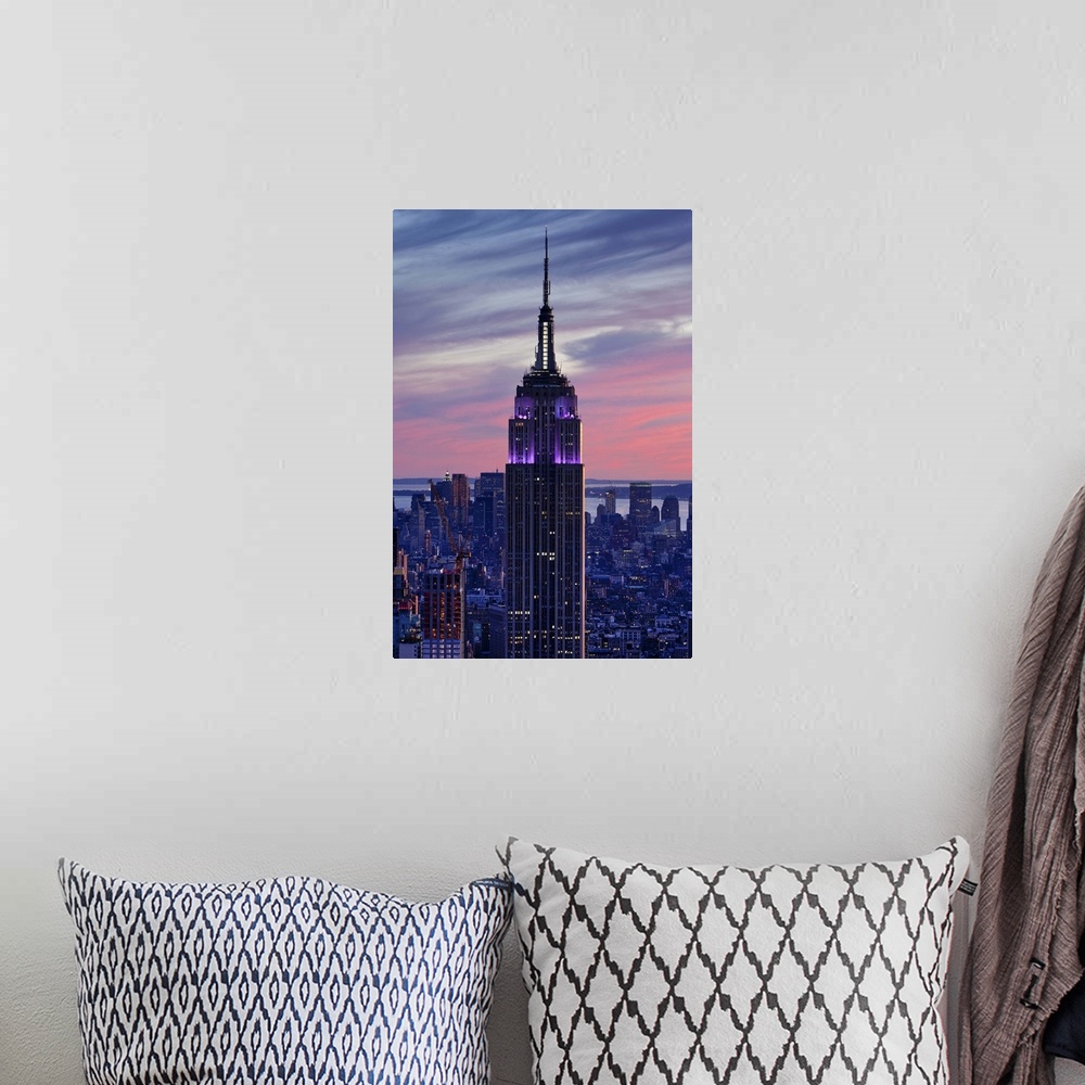 A bohemian room featuring USA, New York City, Manhattan,  View towards Downtown Manhattan and the Empire State building fro...
