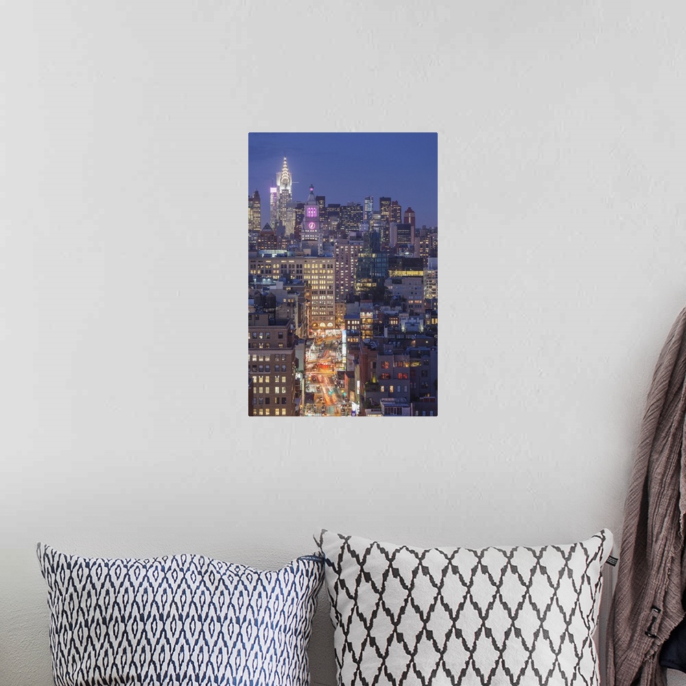 A bohemian room featuring USA, New York, New York City, Lower Manhattan, elevated view of SoHo, dusk