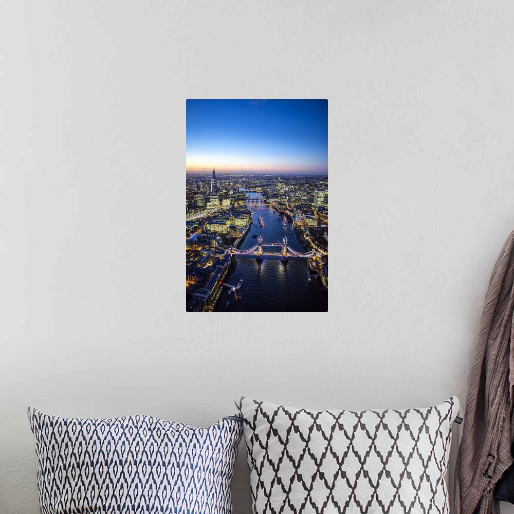 A bohemian room featuring Night aerial view of The Shard, River Thames, Tower Bridge and City of London, England