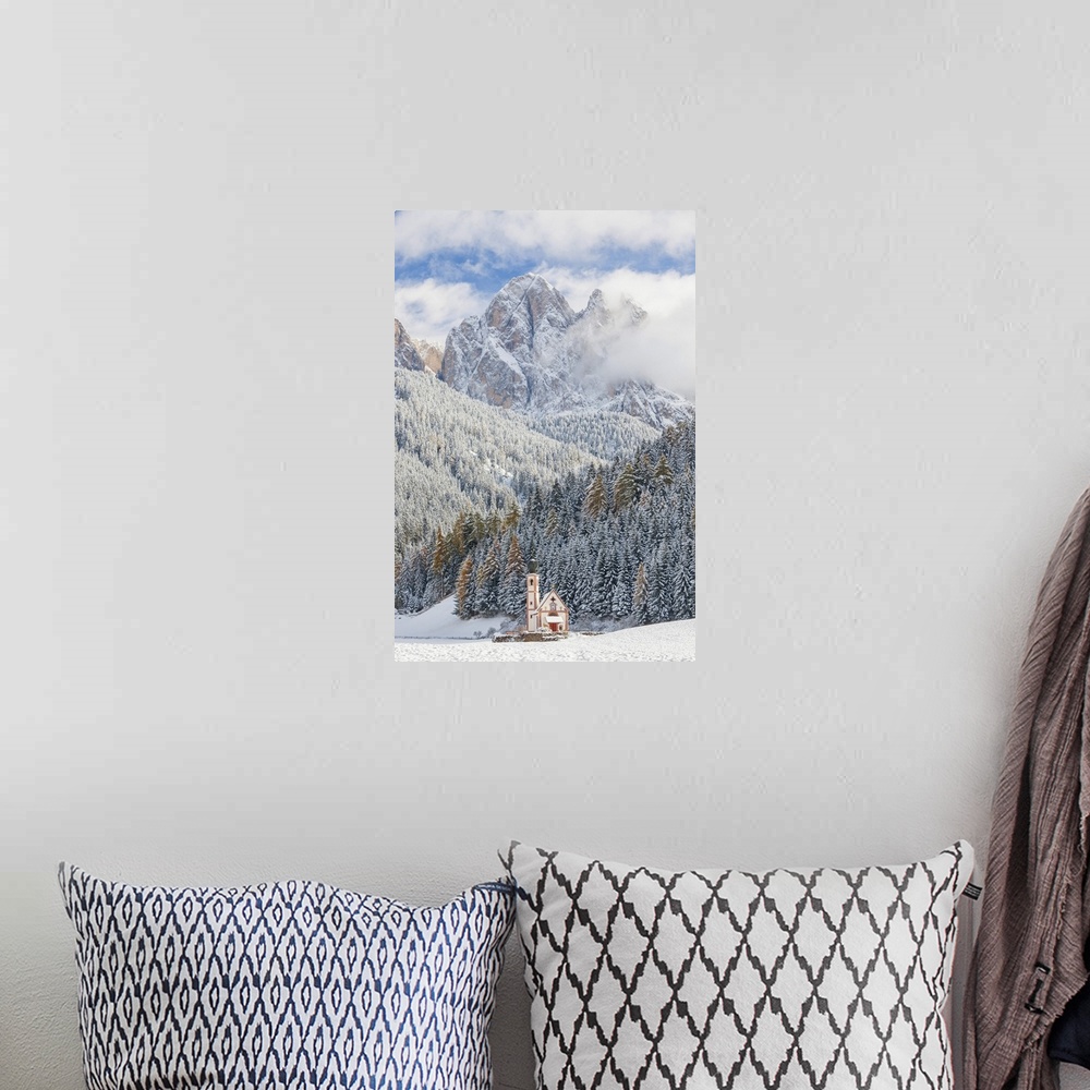 A bohemian room featuring Snow, winter, St Johann Church, Val di Funes, Dolomites, Italy