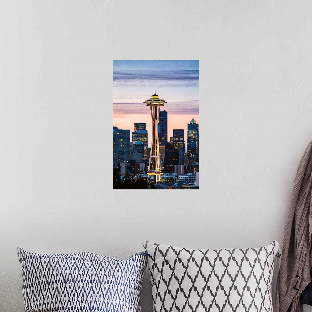 A bohemian room featuring The Space Needle And Skyline At Dawn, Seattle, Washington, USA