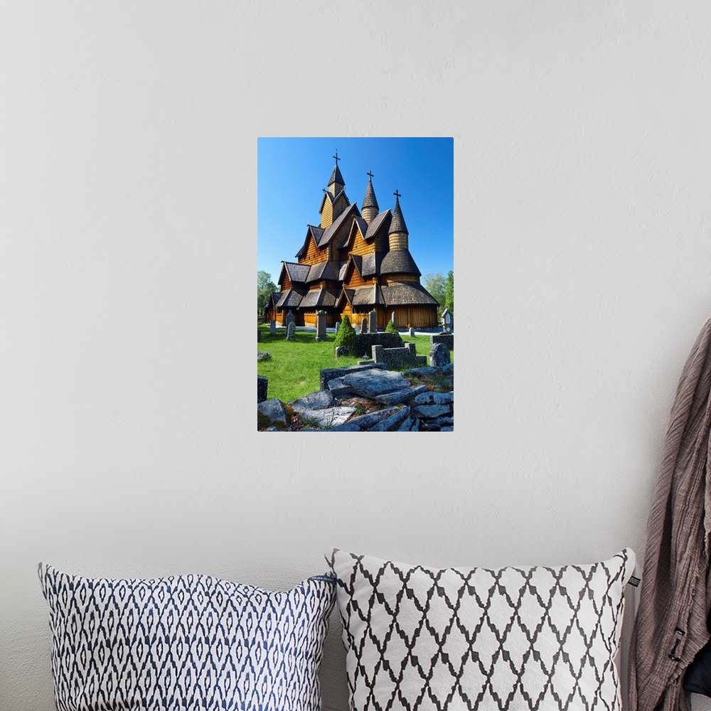 A bohemian room featuring The impressive exterior of Heddal Stave Church, Norway's largest wooden Stavekirke, Notodden, Norway