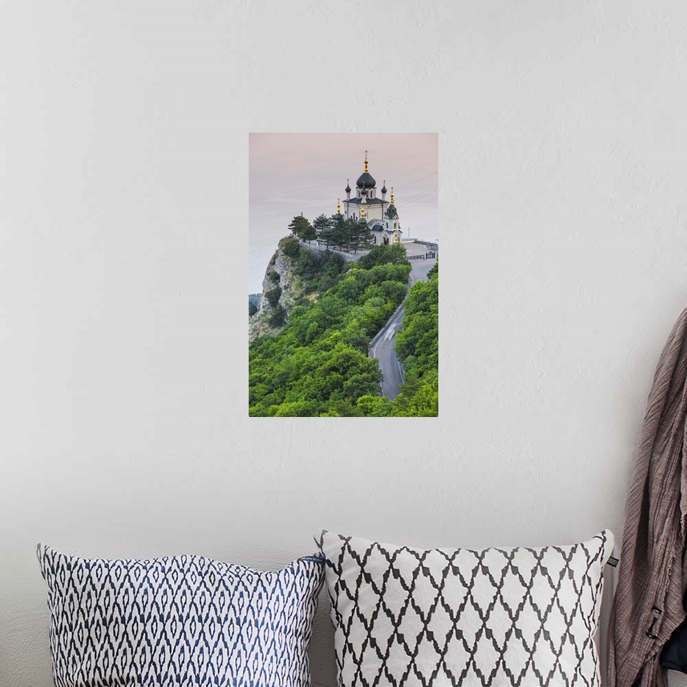 A bohemian room featuring Ukraine, Crimea, Foros, Foros church sitting on top of a cliff overlooking the Black Sea