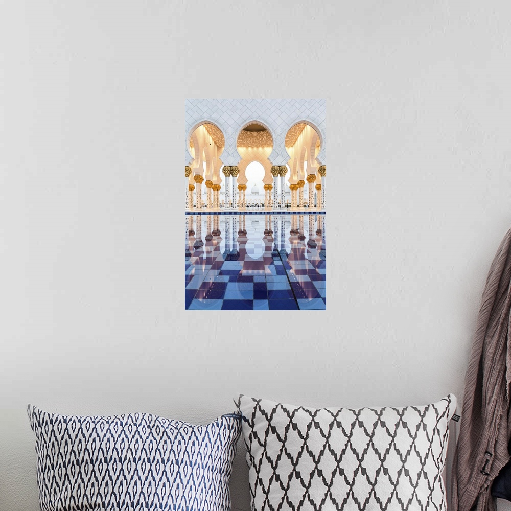 A bohemian room featuring United Arab Emirates, Abu Dhabi. Sheikh Zayed Grand Mosque at sunset