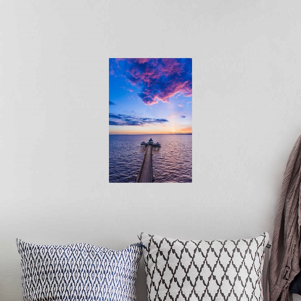 A bohemian room featuring United Kingdom, England, Somerset, Clevedon, Clevedon Victorian Pier at sunset.