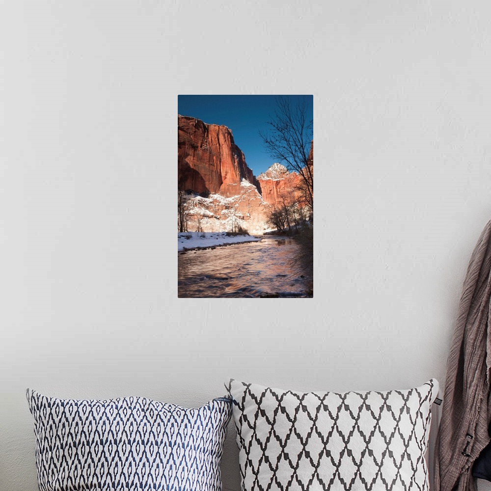 A bohemian room featuring USA, Utah, Zion National Park, Landscape by the North Fork Virgin River, winter