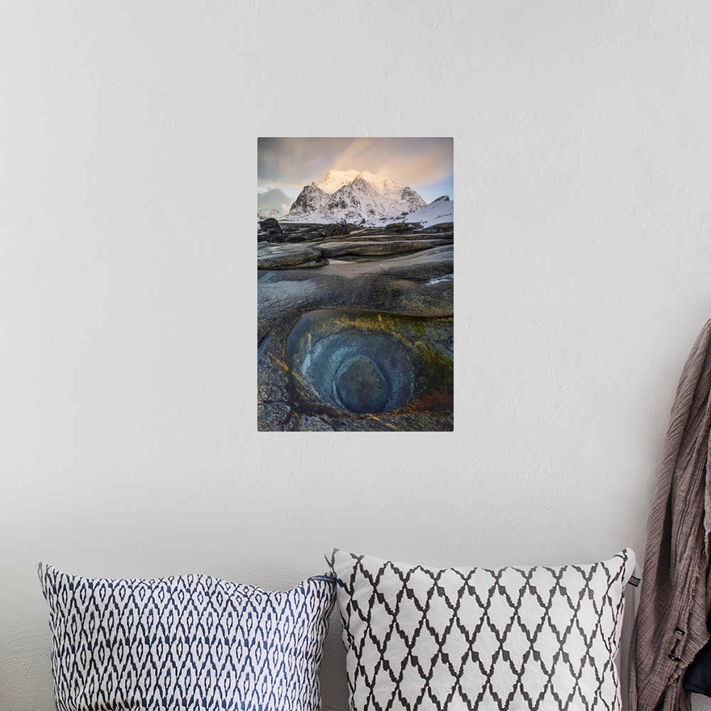 A bohemian room featuring Uttakleiv beach with a famous eye of dragon in foreground, Vestvagoy, Lofoten island, Norway.