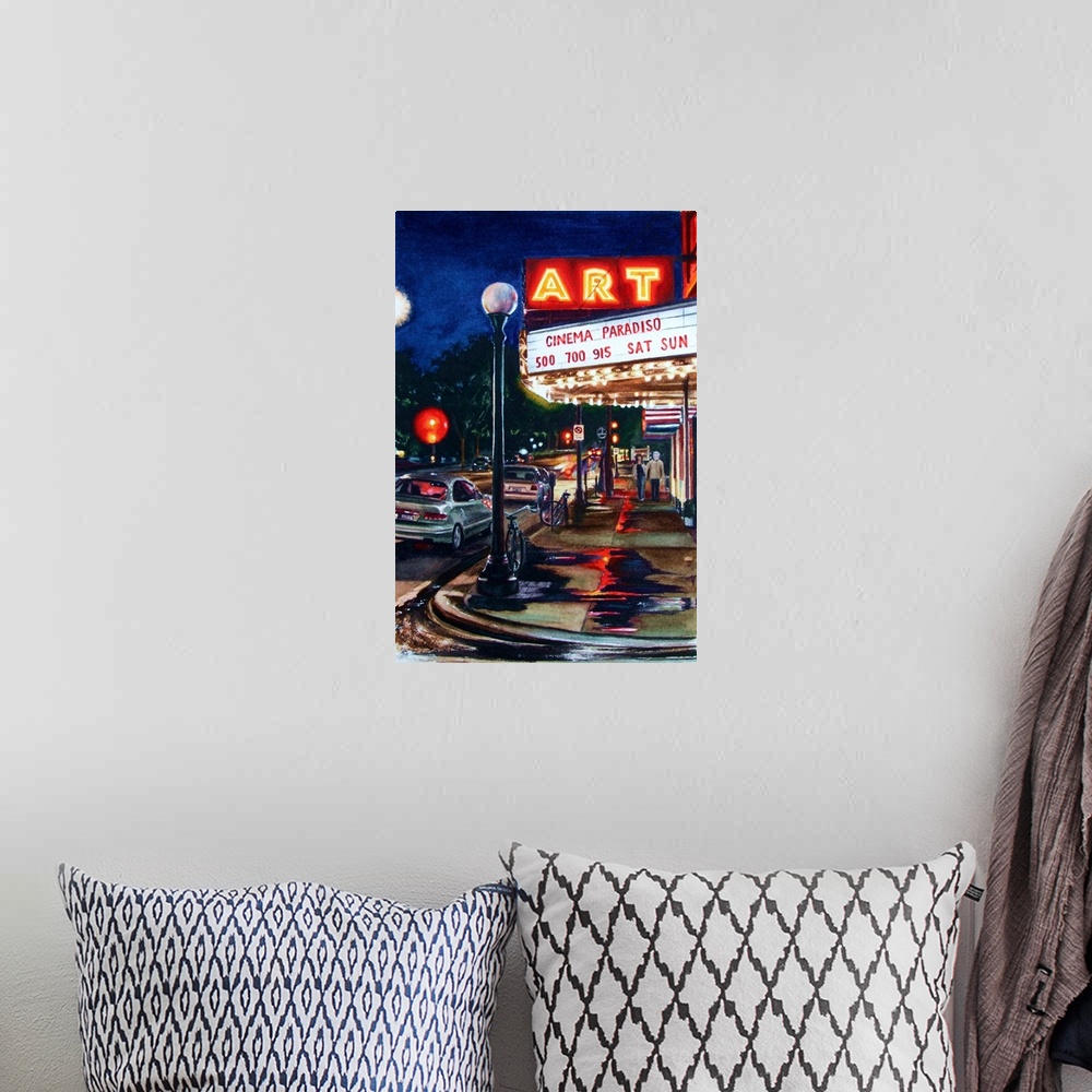 A bohemian room featuring A contemporary watercolor painting of a couple walking towards the Champaign's Art Theater in Ill...
