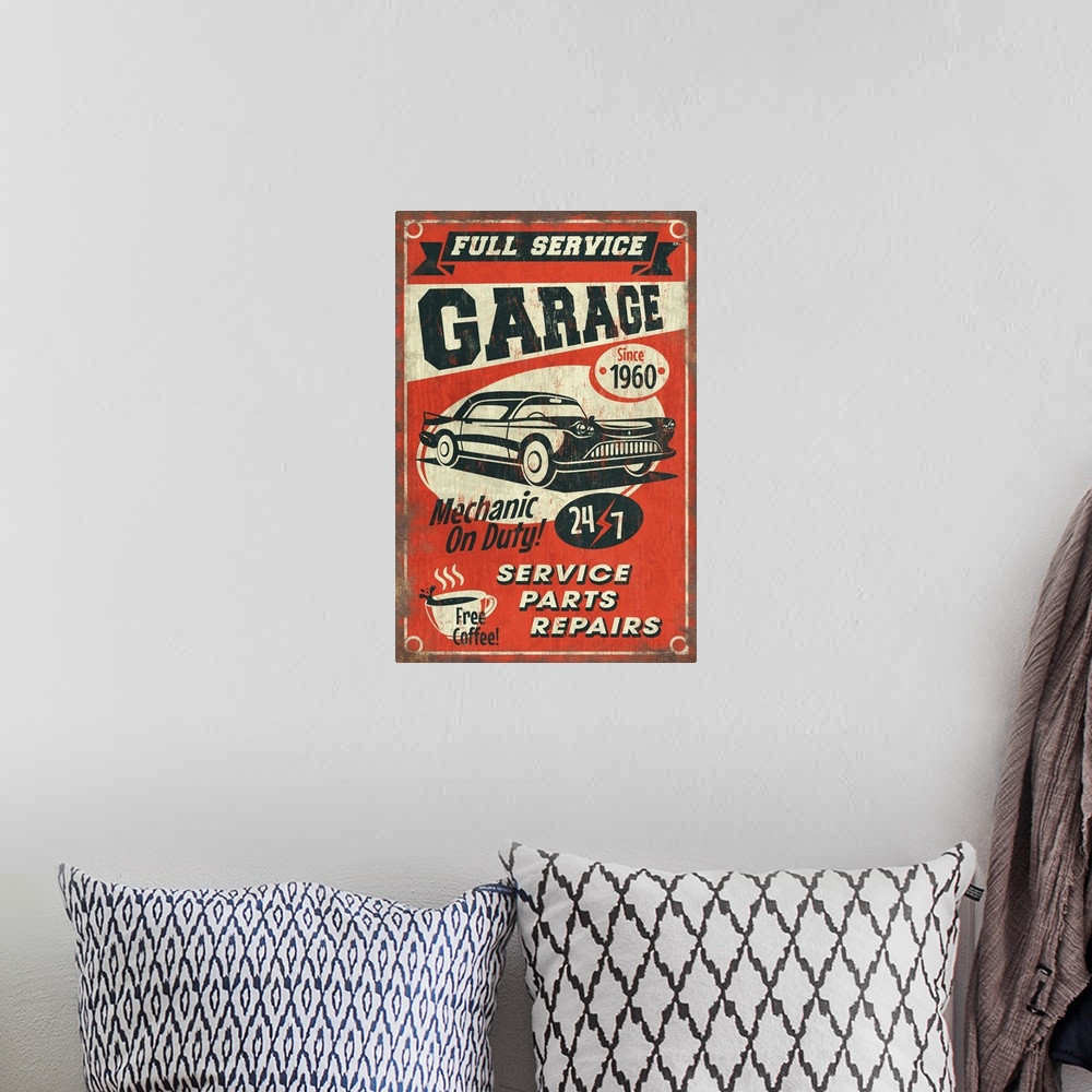 A bohemian room featuring 24/7 Full Service Garage, Vintage Sign