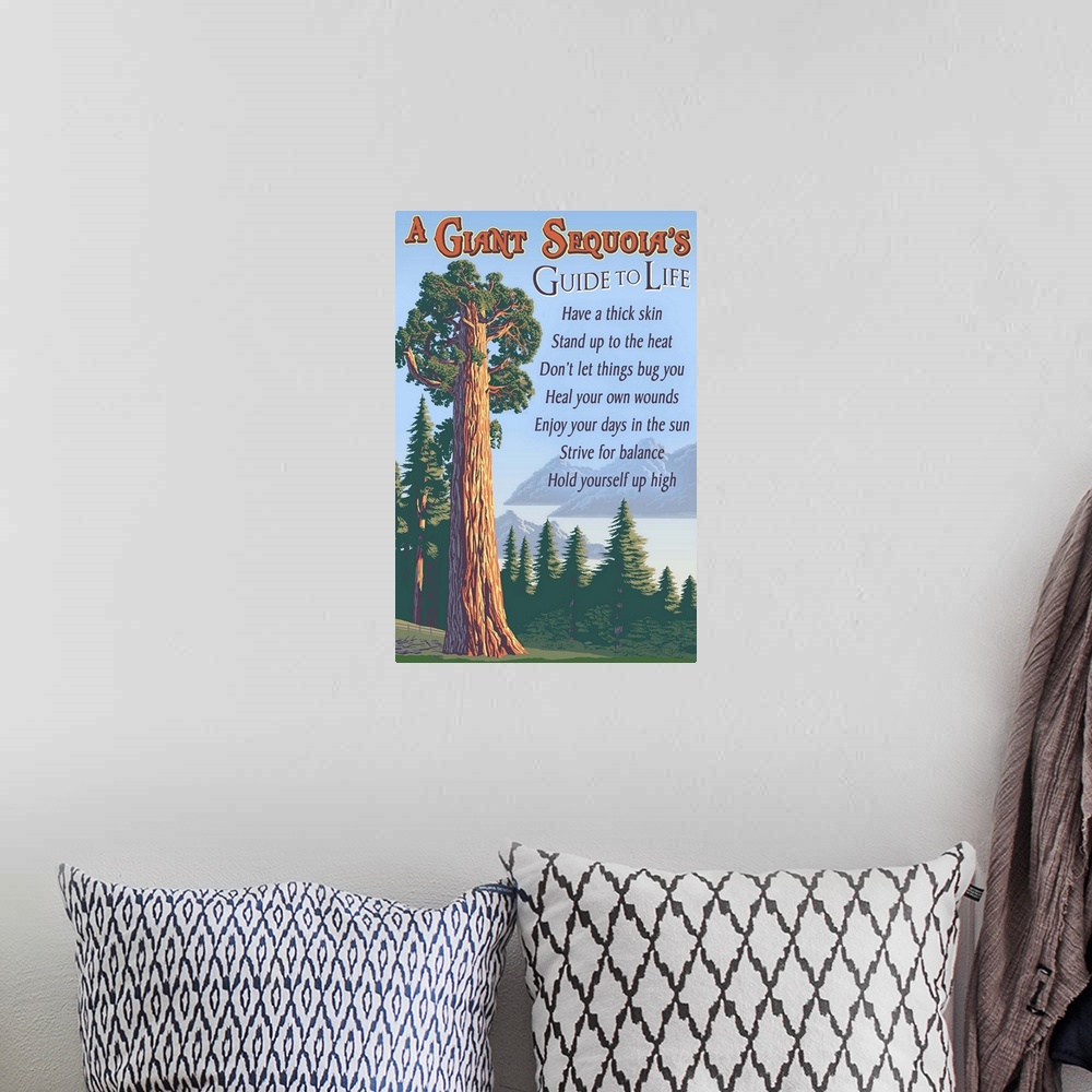 A bohemian room featuring Retro stylized art poster of a giant sequoia tree.