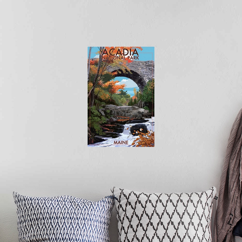 A bohemian room featuring Acadia National Park, Maine - Stone Bridge: Retro Travel Poster