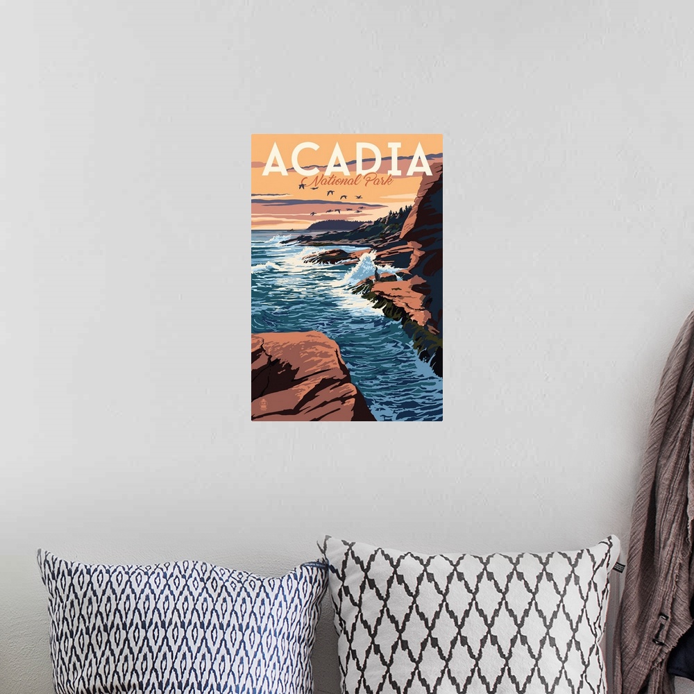 A bohemian room featuring Acadia National Park, Rocky Beach: Retro Travel Poster
