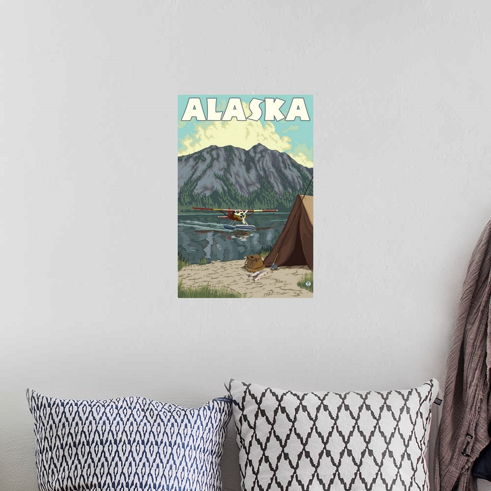 A bohemian room featuring Alaska - Bush Plane and Fishing: Retro Travel Poster