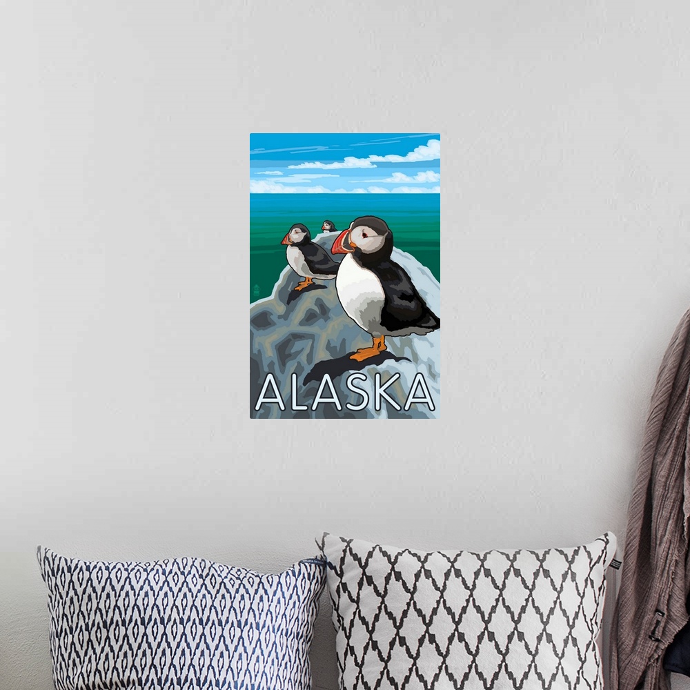 A bohemian room featuring Alaska, Puffins on Rock