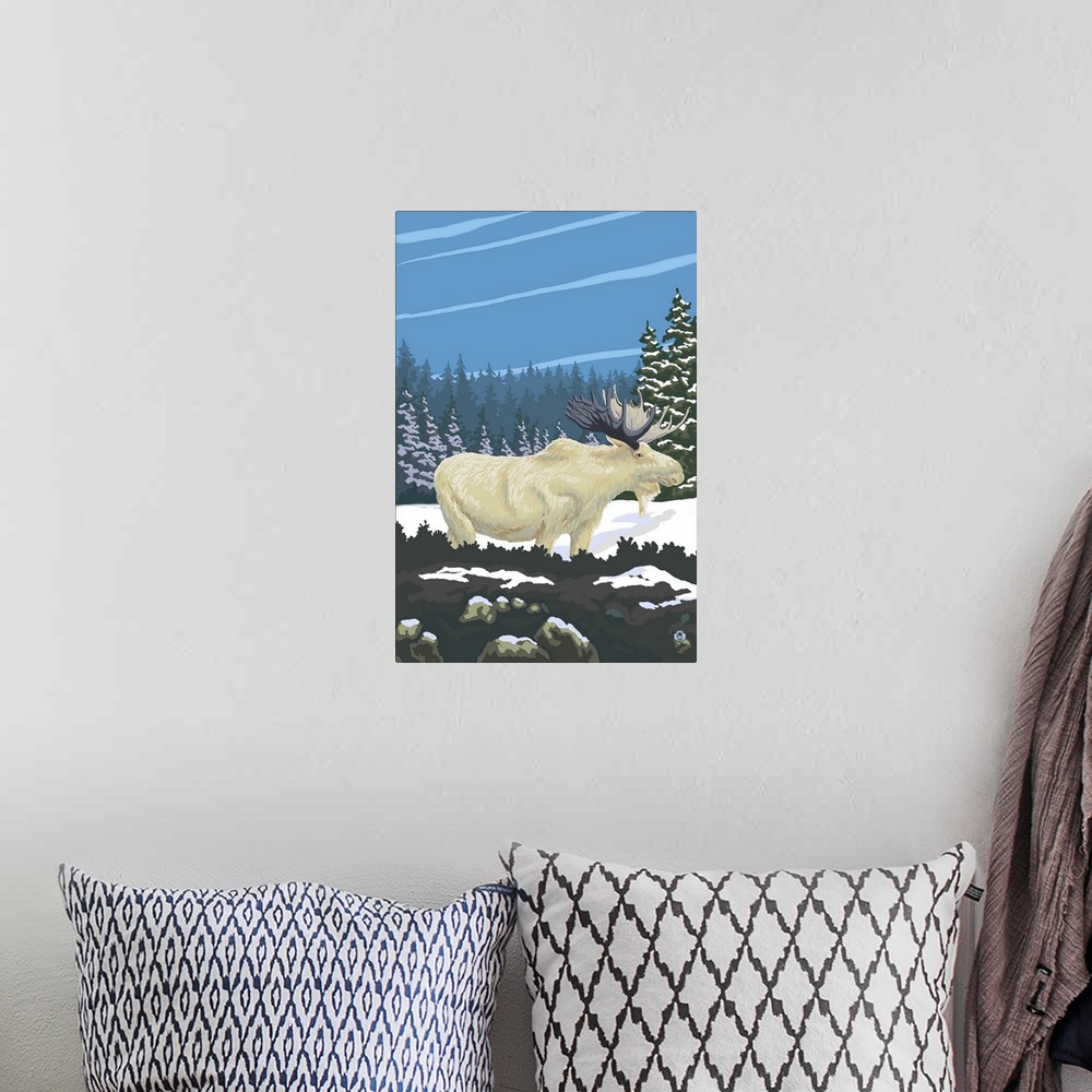 A bohemian room featuring Retro stylized art poster of an albino moose grazing in the wilderness.